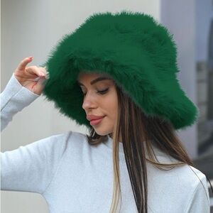 Elegant Green Faux Fur Bucket Hat
